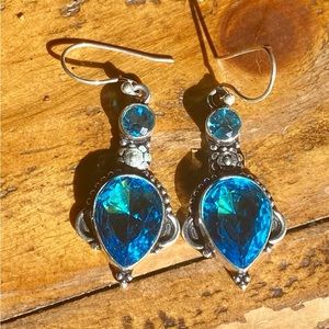 9.25 Sterling Siver & Faceted Blue Topaz Handcrafted Earrings 2”